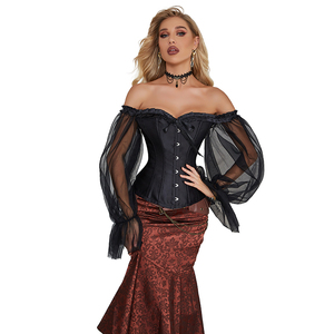 Off Shoulder Gothic Corselet Overbust Corset <strong>Black</strong> Sheer Long Sleeve Bustier <strong>Top</strong> Korset <strong>Basques</strong> Shirt - Product Image 4