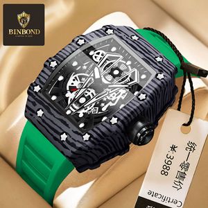 Montre pour homme de la marque BINBOND, montre à barillet imposante, miroir incurvé, surface creuse, montre de sport pour homme, montre-bracelet en quartz en silicone B8577 - Product Image 1