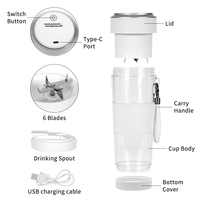 Voedselveilige elektrische USB draagbare sapblender met 6 messen, smoothiesmaker, persoonlijke mini fruitmixer beker voor huishoudelijk gebruik