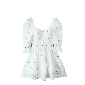 Robe courte blanche à imprimé fraises, manches bouffantes, col carré, coupe trapèze, écologique, décontractée, été, impression numérique - Product Image 4