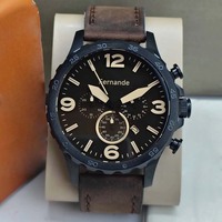 Montre chronographe à quartz pour homme avec grand cadran, bracelet en cuir véritable marron, étanche 50M, montre sport de poignet, vente en gros