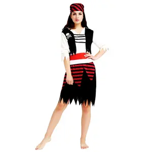 Caribbean Stage Pirate Dress Adult Female Red Black Striped Irregular Skirt Skeleton Suit Show Performance Pirate Costume