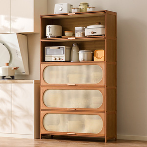 Étagère de rangement de cuisine multi-niveaux en bambou avec tiroirs, design moderne pour four à micro-ondes et organisation de la vaisselle - Product Image 1