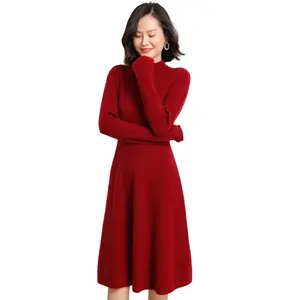 한국 스타일 100% 울 드레스 중간 긴 길이 니트 착용