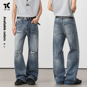 Jeans de Mezclilla de Algodón Unisex Estilo Hip Hop Retro Y2K, Corte Bootcut, Desgastados, Cintura Media, Ajuste Holgado, Pierna Ancha, Efecto 3D, Casual, para Hombre, OEM ODM - Product Image 2