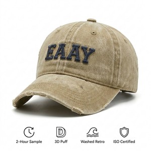 Gorra de Béisbol Premium de 6 Paneles con Bordado 3D, Diseño Étnico de Hojas a Rayas, Paneles de Color en Contraste, Acabado Retro Desgastado, 100% Algodón, OEM ODM - Product Image 1