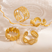 SUMMLY Hohle Blatt-Ringe mit Perlenrand, breiter Ring, Natur-Design, zarter Vintage-Modeschmuck, 18K vergoldeter Edelstahl, offene Ringe