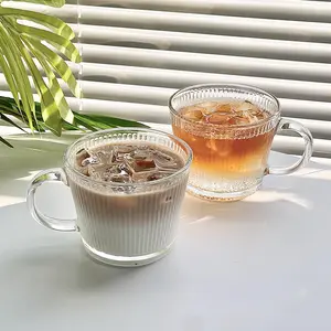 Cangkir Latte susu motif vertikal, cangkir Mug kopi kaca transparan tahan panas dengan pegangan untuk Sarapan, cangkir rumah