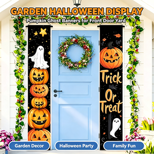 Bannière de porche d'Halloween 12x71 pouces, panneau de porte « Trick or Treat », décoration verticale à suspendre avec citrouille <span class=keywords><strong>Jack</strong></span> O' Lantern pour fête à domicile - Product Image 4
