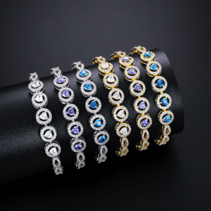 Custom <b>Cute</b> Jewelry 14k Rhodium Gold Plated Heart Cut Ice Blue Green Diamond Zirconia Tennis Link <b>Bracelet</b> Women Gift - Product Image 1