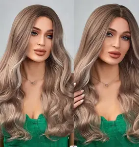 Wig serat Jepang rambut gelombang panjang suhu tinggi Ombre coklat ke pirang Wig sintetis Highlight tahan panas