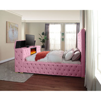 Luxuriöses Europäisches Design Gepolstertes Samt-TV-Bett mit Stauraum Drehbarer TV-Schrank Goldene Metallbeine Flügel-Kopfteil Gepolstert