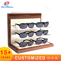 Présentoir mobile rotatif personnalisé à 3 faces en métal et bois pour lunettes, support de présentation de lunettes de vue avec rangement multi-niveaux
