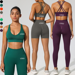 XW-059+061+062 Conjunto de 3 piezas: Shorts de cintura alta con efecto fruncido, leggings de entrenamiento y sujetador deportivo cruzado sin espalda para mujer, ropa deportiva para <span class=keywords><strong>gimnasio</strong></span> - Product Image 2