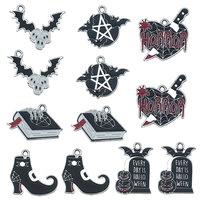 Ensemble de bijoux en alliage Série Noire Halloween DIY : Pendentifs Citrouille, Chauve-souris, Pierre tombale, Livre magique, Chaussure, Boucles d'oreilles, Collier et Porte-clés incrustés de diamants