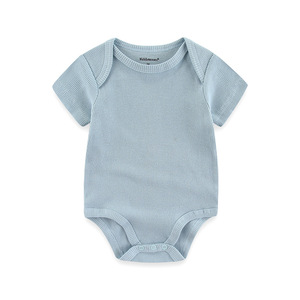 Katoenen korte mouwen effen uni kleur geribbelde op maat gemaakte baby romper jacquard bodysuit vest - Product Image 2