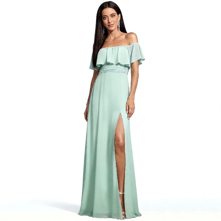 strapless open back dress Chiffon Dusty Green Long Bridesmaid Dress with Sleeves – FancyVestido main image 0