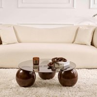 Table basse ronde moderne en verre de 85 cm avec base sphérique en noyer, verre trempé bronze fumé, montage facile pour salon
