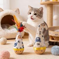 Jouet interactif pour chat en bois de hêtre naturel avec plume colorée, résistant aux morsures, pour le jeu autonome du chat
