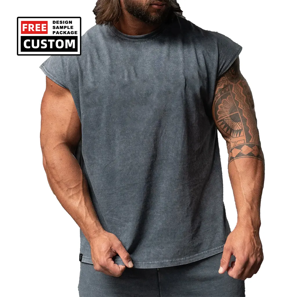 신상품 전체 지퍼 두꺼운 체육관 남성용 대형 헤비급 플러스 사이즈 티 애시드 워시 티셔츠