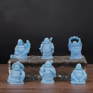 2024 Nieuwe 2Inch Formaat Polyresin Boeddha Beeldjes Blauw (Set Van 6)