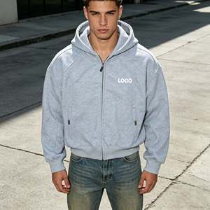 Sweat à capuche zippé pour homme, effet déchiré et vieilli, impression en relief délavée à l'acide, en molleton bouclette 550G 100% coton, service OEM - Product Image 5