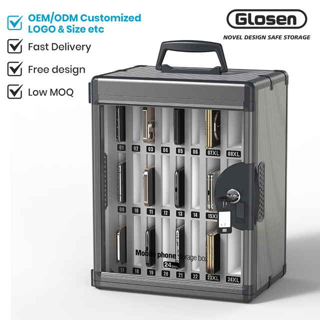 Glosen N2624 24 Slots Aluminum Alloy Mobile Phone Storage Cabinet with Security Lock & Handle Portable Cellphone Lock Box