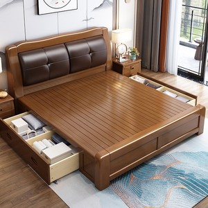 Solid Wood Master Bedroom <b>Bed</b> 1.5M 1.8M Modern Minimalist Storage Upholstered <b>Soft</b> Headboard New Chinese Style - Product Image 4