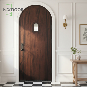Puerta Exterior Arqueada de Madera Sólida de Roble Rojo Africano con Diseño Decorativo de Ventana Pequeña de Vidrio Resistente a la Deformación - Product Image 1