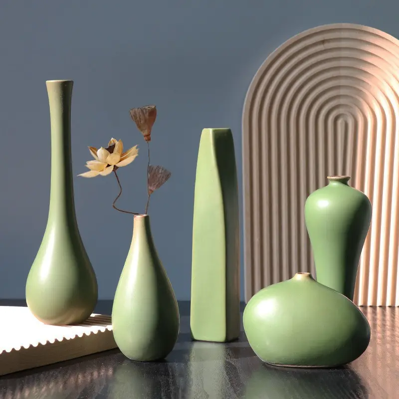 Decoratieve Woonkamer Minimalisme Keramische Bloemenvaas Modern Custom Luxe Groene Keramische Vaas Voor Woondecoratie