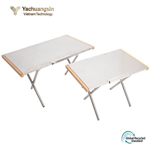 Aluminum Folding Outdoor <b>Table</b> with Birch Wood Edges Rectangular Cross Base Minimalist Design for Picnic <b>BBQ</b> Use - Product Image 2