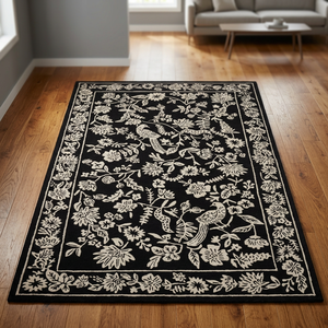 Alfombra Negra con Diseño Floral, Alfombra Vintage con Estampado Botánico de Aves, Alfombra Moderna Lavable para Sala de Estar, Dormitorio, Pasillo y Entrada - Product Image 3