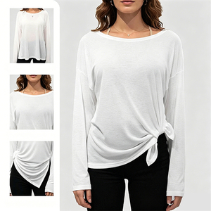 Sonbahar Uzun Kollu Egzersiz Üstleri Sevimli Kadın Bisiklet Yaka Yumuşak Kumaş Bluz Çabuk kuruyan Nefes Alabilen Polyester Düz Renk Üst - Product Image 2
