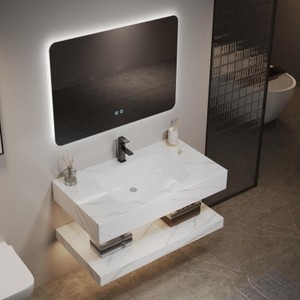Mueble de Baño de Lujo con Lavabo Integrado Blanco sin Juntas, Espejo Inteligente con Luz, Lavabo Flotante Moderno - Product Image 4