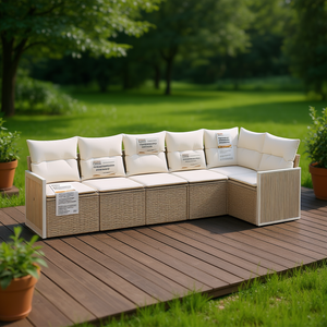 Large Garden <b>Sofa</b> Set Beige Pe <b>Rattan</b> Powder Coated Steel Outdoor Furniture 6 Seater Contemporary Design - Product Image 2