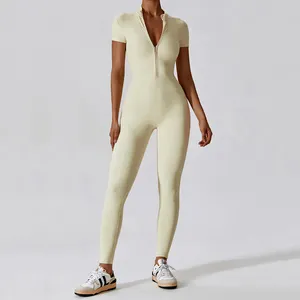 Custom Women Short Sleeve Long Length Compression Quick Dry Front Zipper Yoga Bodysuit