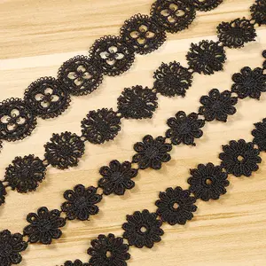 Siyah tığ işi dokuma Polyester gelin dantel pamuk tığ yaka dantel el yapımı dikiş işlemeli
