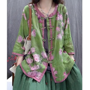 Literary Print Ethnic Design Retro Button Color Block Casual Thin Sun Protection Shirt For Women - Product Image 3