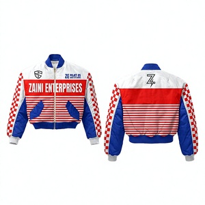 เสื้อแจ็คเก็ตบอมเบอร์ผู้หญิงพรีเมียม 320 GSM ผ้าโพลีเอสเตอร์ฟลีซ สีขาว แดง น้ำเงิน แบบแผง  รับสั่งทำพิมพ์ลายปักโลโก้ OEM - Product Image 1