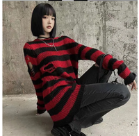 Nouveau pull long unisexe style punk pour femme, d'été, rayé, cool, ajouré, déchiré, ample, fin, streetwear rock sombre