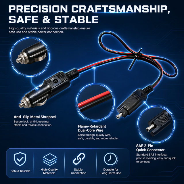 DC Car Lighter Plug to SAE Connector Wire with Built-in Fuse for Vehicle Trickle Battery Maintainer Cord
