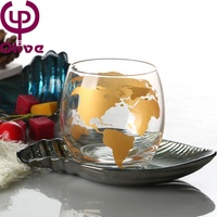 Verres à boire en cristal gravé pour le café, l'eau, les cocktails, le vin, verres à whisky gravés transparents dorés avec globe terrestre