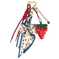 Porte-clés et breloque de sac en cuir PU, style coréen, motif fleur de fraise et nœud, pour filles