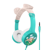 Casque audio filaire stéréo avec boutons de commande, coussinets blancs et oreilles de lapin roses pour enfants