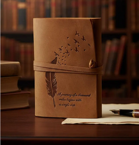 สมุดบันทึกหนังแท้ทำมือ ลายขนนก ขอบกระดาษแบบดั้งเดิม สไตล์วินเทจ - Product Image 1