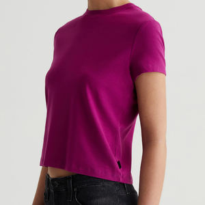 T-shirt girocollo cropped personalizzata da <span class=keywords><strong>donna</strong></span>, rosa <span class=keywords><strong>fucsia</strong></span>, in tessuto ecologico a costine, servizio di stampa OEM/ODM - Product Image 3
