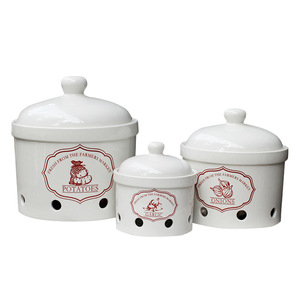 Gardien d'<span class=keywords><strong>ail</strong></span>, ensemble de 3 supports de stockage en céramique ventilés, réserve pour <span class=keywords><strong>ail</strong></span> <span class=keywords><strong>oignon</strong></span> citron gingembre ou <span class=keywords><strong>échalote</strong></span>s cadeaux et artisanat - Product Image 1