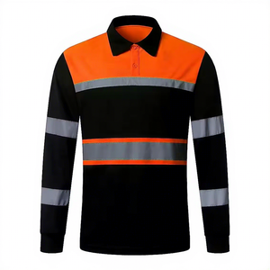 Long Sleeve Orange Black Reflective Breathable Polyester Unisex Polo Shirt High Visibility Workwear Industrial - Product Image 1