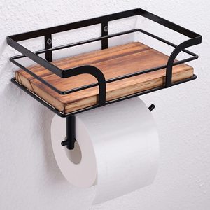 <span class=keywords><strong>Porte</strong></span>-<span class=keywords><strong>papier</strong></span> hygiénique ferme en <span class=keywords><strong>métal</strong></span> noir Oniya avec étagère pour accessoires de salle de bain rustiques avec étagère en <span class=keywords><strong>bois</strong></span> brun chaud - Product Image 4