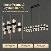 Lustre linéaire moderne noir à hauteur réglable, 36 lumières, luminaire suspendu rectangulaire, abat-jour en verre cristal transparent, structure métallique, LED